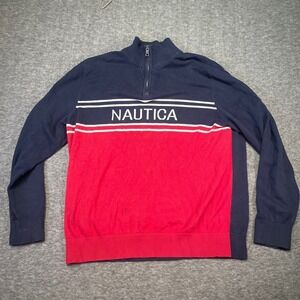 Vintage Nautica Shirt Mens Large Sweater Navy Red 1/4 Zip Spell Out Logo